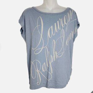 Lauren Ralph Lauren Womens T Shirt Medium Script Logo Cap Sleeve Boat Neck Blue